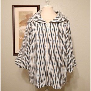 Chico's Zenergy Sz 2, US L/12 Ikat Blue Lotus Lined Jacket Shawl Neck 3/4 Sleeve